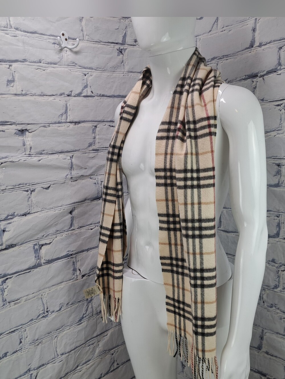 Burberry 100% Cashmere Scarf Light Cream Nova Check Scotland 64"x12"